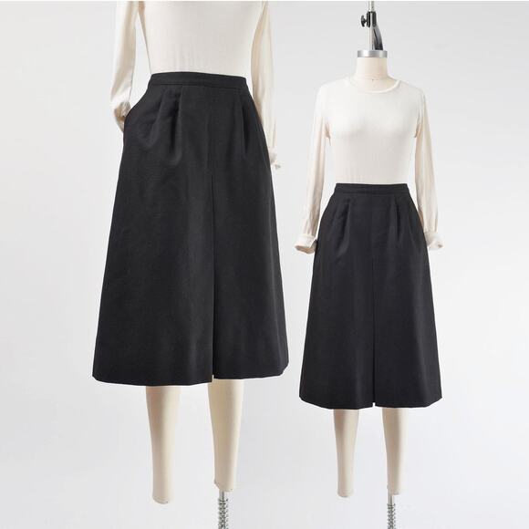 Vintage 80s Black Wool A-line Pleated Front Midi Skirt with Pockets 27 waist S - Picture 1 of 8